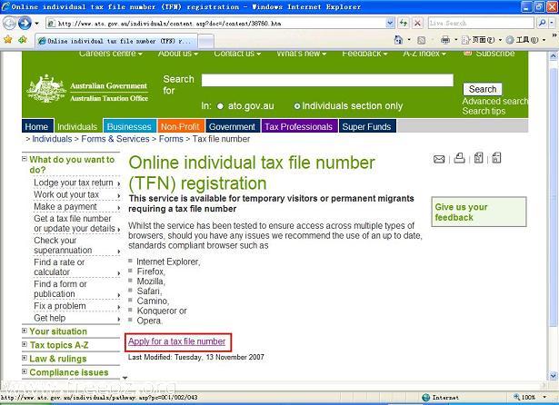 �����Ӻ��ҳ�棬�㡰Apply for a tax file number��